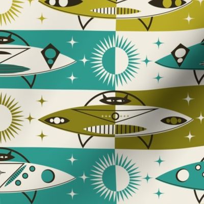 Retro Space Cruisin' / Mid Mod / Atomic / Geometric / Cat Space Ship / Teal Olive / Medium