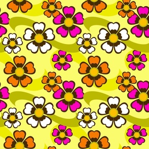 Retro Flowers - Bright Orange, Pink and White on Green with Brown Outlines