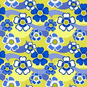 Retro Flowers - Blue and White on Green