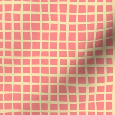 Wonky Yellow and Pink Square Grid Plaid Gingham Check Small Scale