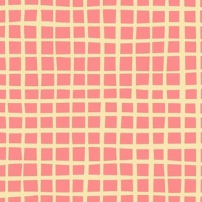 Wonky Yellow and Pink Square Grid Plaid Gingham Check Small Scale