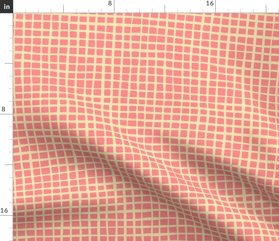 Wonky Yellow and Pink Square Grid Plaid Gingham Check Small Scale