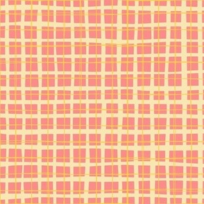 Wonky Yellow and Pink Square Grid Plaid Check Small Scale
