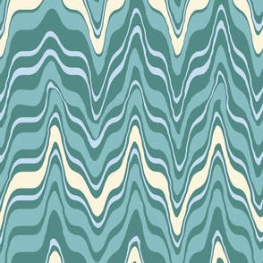 (Large) Retro Modern Zig Zag Marbled Chevron Stripes in Blue and Teal with Pastel Yellow
