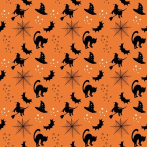 Halloween Orange and Black Witches Bats Cats