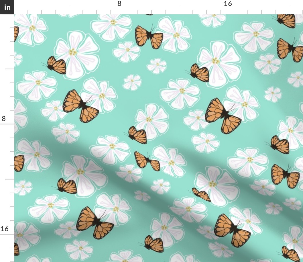 Monarchs + Flowers (Aqua)