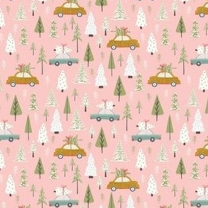 Retro Cars Christmas Tree Trip to the Forest - Extra Small Scale - Pink Woodland Holiday