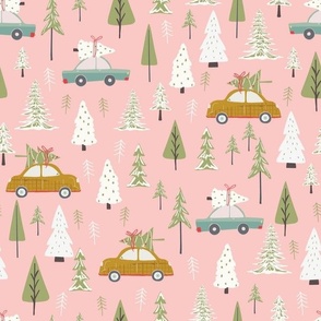 Retro Cars Christmas Tree Trip to the Forest - Medium Scale - Pink Woodland Holiday