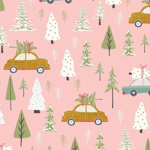 Retro Cars Christmas Tree Trip to the Forest - Large Scale - Pink Woodland Holiday