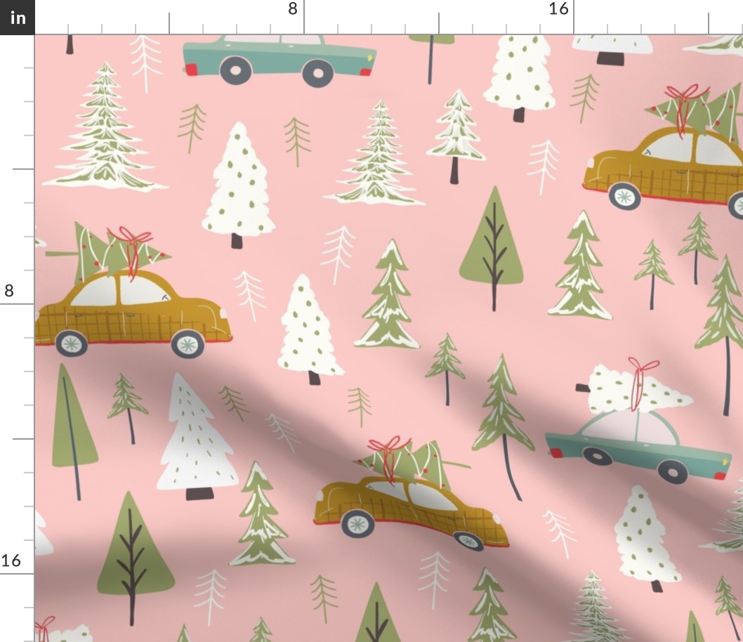 Retro Cars Christmas Tree Trip to the Forest - Large Scale - Pink Woodland Holiday