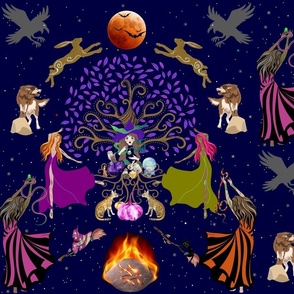 Priestess With Eclectic Witches Dance On Samhain For Moon Goddess As Cats, Wolves, Hares, Ravens, Snakes Come For A Skyclad Circle Ceremony.