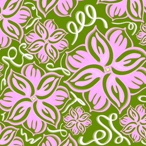 Pink and White Floral on Green