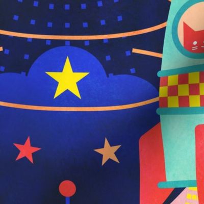 Rocket Cats- Space Cat- Navy Blue Background Extra Large- Rocketship- Intergalactic- Multicolored Space Exploration - Science- Pets- Novelty Kids Wallpaper