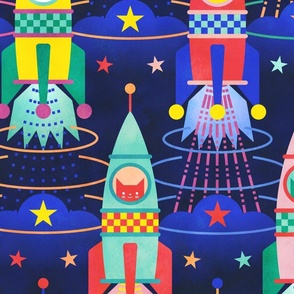 Rocket Cats- Space Cat- Navy Blue Background Extra Large- Rocketship- Intergalactic- Multicolored Space Exploration - Science- Pets- Novelty Kids Wallpaper