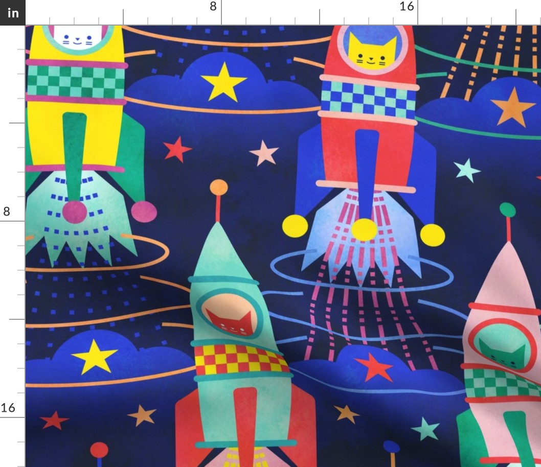 Rocket Cats- Space Cat- Navy Blue Background Extra Large- Rocketship- Intergalactic- Multicolored Space Exploration - Science- Pets- Novelty Kids Wallpaper