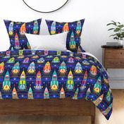Rocket Cats- Space Cat- Navy Blue Background Large- Rocketship- Intergalactic- Multicolored Space Exploration - Science- Pets- Novelty Kids Wallpaper