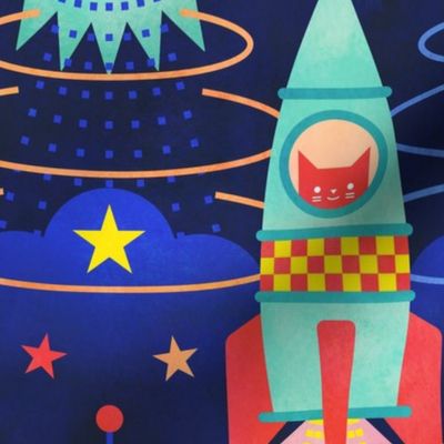 Rocket Cats- Space Cat- Navy Blue Background Large- Rocketship- Intergalactic- Multicolored Space Exploration - Science- Pets- Novelty Kids Wallpaper