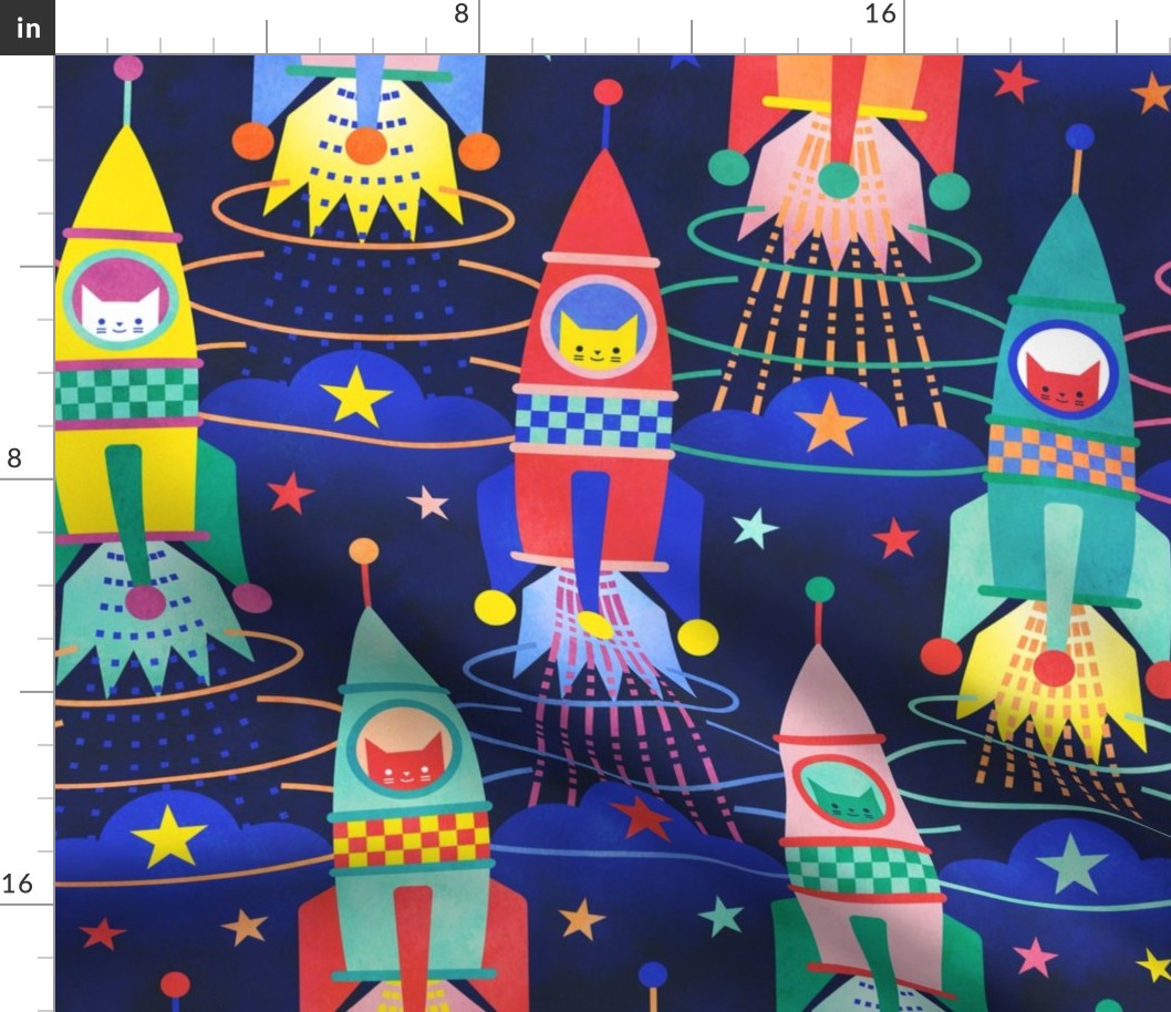 Rocket Cats- Space Cat- Navy Blue Background Large- Rocketship- Intergalactic- Multicolored Space Exploration - Science- Pets- Novelty Kids Wallpaper