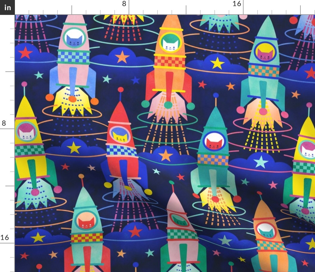 Rocket Cats- Space Cat- Navy Blue Background Medium- Rocketship- Intergalactic- Multicolored Space Exploration - Science- Pets- Novelty Kids Wallpaper