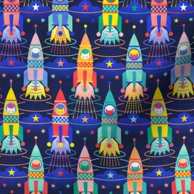Rocket Cats- Space Cat- Navy Blue Background Mini- Rocketship- Intergalactic- Multicolored Space Exploration - Science- Pets- Novelty Kids Wallpaper