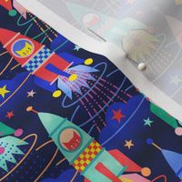 Rocket Cats- Space Cat- Navy Blue Background Mini- Rocketship- Intergalactic- Multicolored Space Exploration - Science- Pets- Novelty Kids Wallpaper