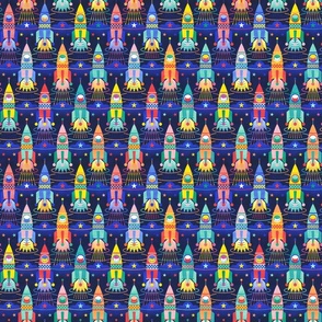 Rocket Cats- Space Cat- Navy Blue Background Mini- Rocketship- Intergalactic- Multicolored Space Exploration - Science- Pets- Novelty Kids Wallpaper