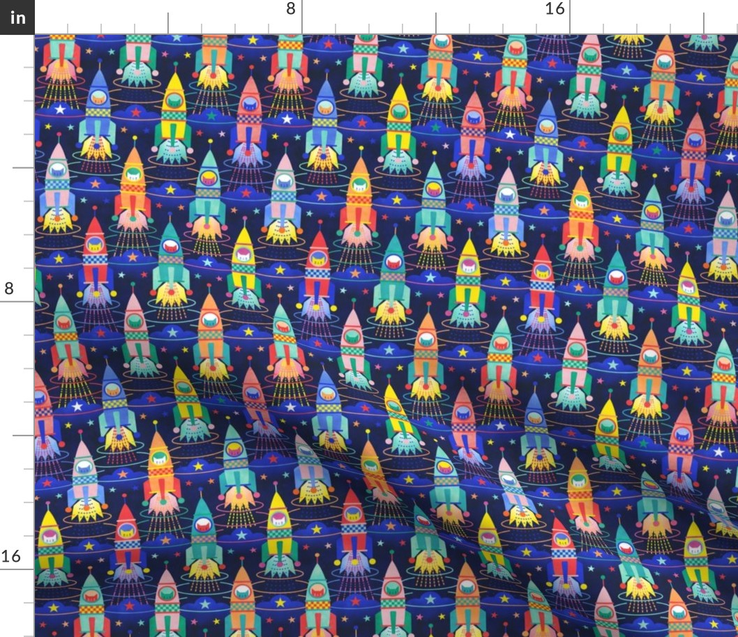 Rocket Cats- Space Cat- Navy Blue Background Mini- Rocketship- Intergalactic- Multicolored Space Exploration - Science- Pets- Novelty Kids Wallpaper