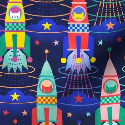 Rocket Cats- Space Cat- Navy Blue Background Small- Rocketship- Intergalactic- Multicolored Space Exploration - Science- Pets- Novelty Kids Wallpaper