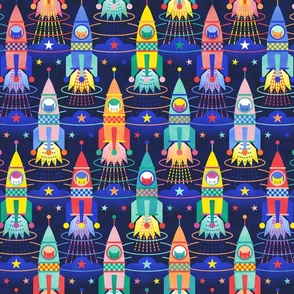 Rocket Cats- Space Cat- Navy Blue Background Small- Rocketship- Intergalactic- Multicolored Space Exploration - Science- Pets- Novelty Kids Wallpaper