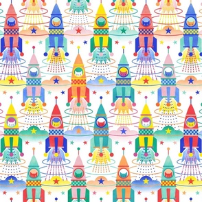 Rocket Cats- Space Cat- White Background Small- Rocketship- Intergalactic- Multicolored Space Exploration - Science- Pets- Novelty Kids Wallpaper