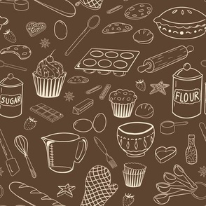 Baking Tools and Treats Outlined- Brown and White
