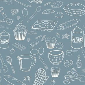 Baking Tools and Treats Outlined- Dusty Blue and White