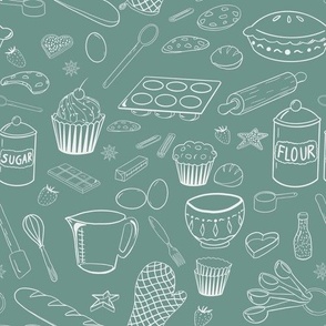 Baking Tools and Treats Outlined- Verdigris & White