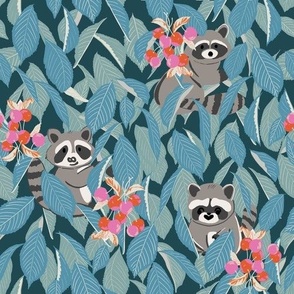 Racoon and cherry  in Blue