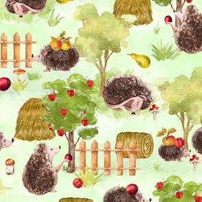 21"  LARGE Hedgehog Fall Harvest In Garden, Apple Harvest, Nursery Hedgehog Fabric