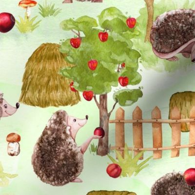 14" MEDIUM Hedgehog Fall Harvest In Garden, Apple Harvest, Nursery Hedgehog Fabric