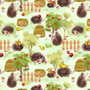 14" MEDIUM Hedgehog Fall Harvest In Garden, Apple Harvest, Nursery Hedgehog Fabric