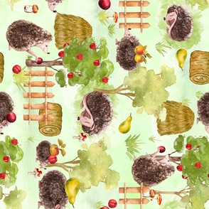 21"  LARGE Turned right - Hedgehog Fall Harvest In Garden, Apple Harvest, Nursery Hedgehog Fabric