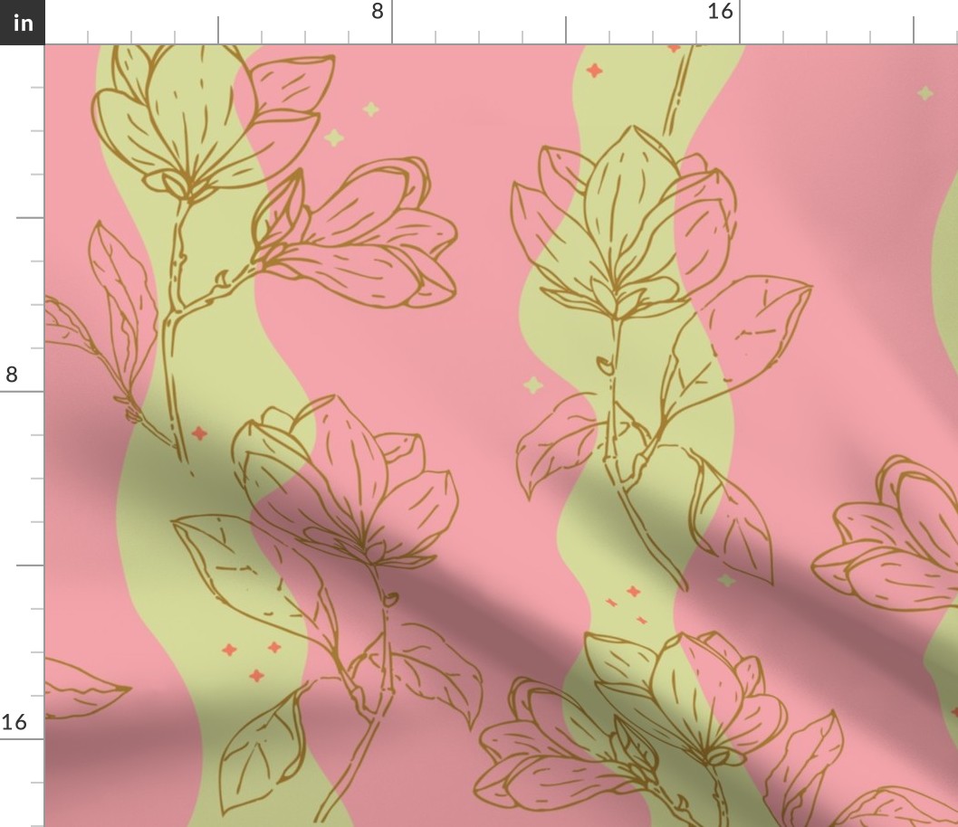 Wavy Retro Vintage Magnolia Line art with some magic sparkles in candy colors.