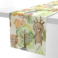 21"  LARGE Watercolor Woodland Animals In Forest  