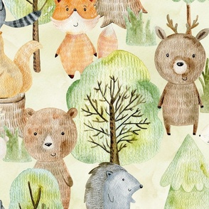 21"  LARGE Watercolor Woodland Animals In Forest  