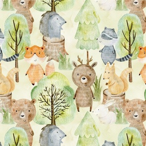 14" MEDIUM Watercolor Woodland Animals In Forest  