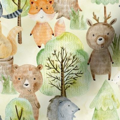 9" SMALL - Watercolor Woodland Animals In Forest  