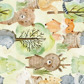 21"  LARGE Turned right- Watercolor Woodland Animals In Forest  