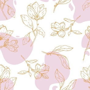 Delicate Joyful Magnolia Flowers and Leaves Lineart with Abstract Organic Shapes