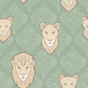 Lion Family on Sage Green Flowerly Arabesque 