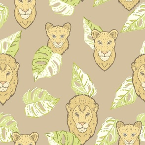 Cute Lion Family on Lime Mostera Leaves on Beige