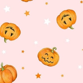 Halloween Pumpkins and Stars scattered on blush - medium scale