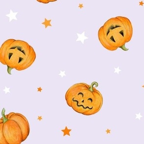 Halloween Pumpkins and Stars scattered on pale lilac - medium scale
