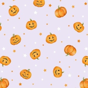 Halloween Pumpkins and Stars scattered on pale lilac - small scale